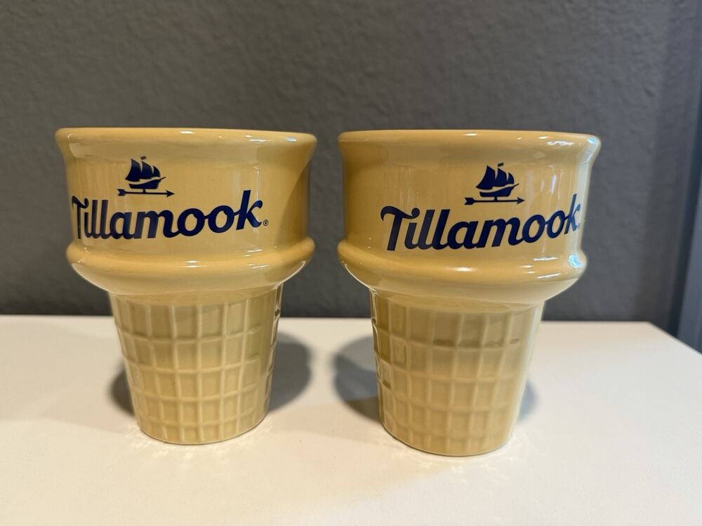 Set Of 2 Tillamook Cheese Ice Cream Cone Ceramic Cup Bowl Dish Souvenir